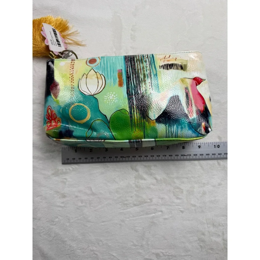 PAPAYA! Small Tassel Pouch Artistic Floral Makeup Travel Bag Green Multi